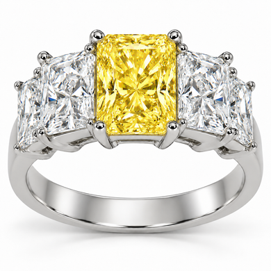 Emerra 1 carat yellow canary lab grown diamond look cubic zirconia graduated radiant emerald cut ring in 14k white gold.