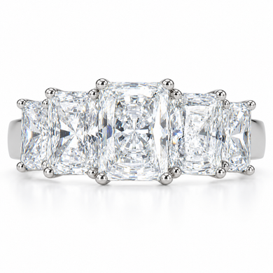 Emerald radiant cut 1 carat center lab grown diamond quality cubic zirconia five stone engagement ring in 14k gold.