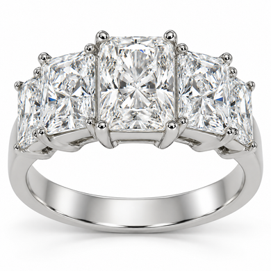 Emerald radiant cut 1 carat center lab grown diamond quality cubic zirconia five stone engagement ring in 14k white gold or platinum.