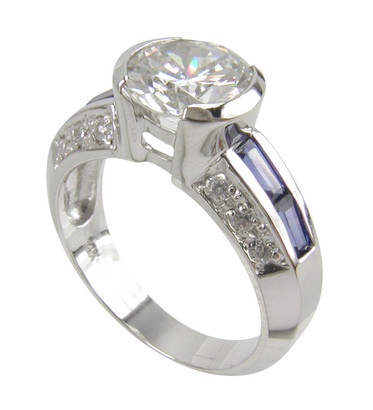 Round 2 Carat Semi Bezel Baguette Channel Set Solitaire with lab grown diamond look cubic zirconia in 14k white gold.