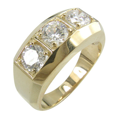 Trio .50 carat each three stone round men's ring with simulated diamond lab grown cubic zirconia in 14k yellow gold.