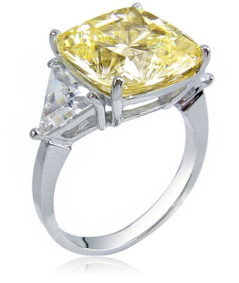 Canary cushion cut 2.5 carat with trillions laboratory grown diamond look cubic zirconia engagement ring in 14k white gold.