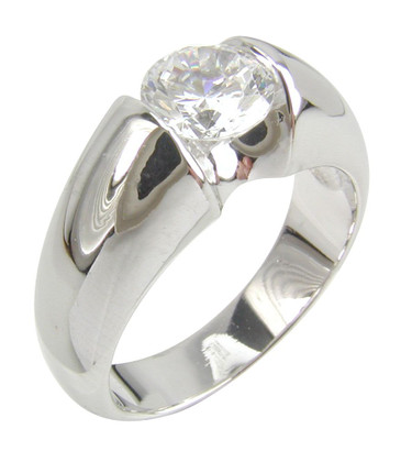 Promisory 1 carat round lab created cubic zirconia tension set solitaire engagement ring in 14k white gold.