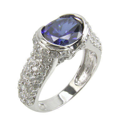 Oval Semi Bezel Set Sapphire Solitaire Pave Engagement Ring with lab grown diamond look cubic zirconia in 14k white gold.