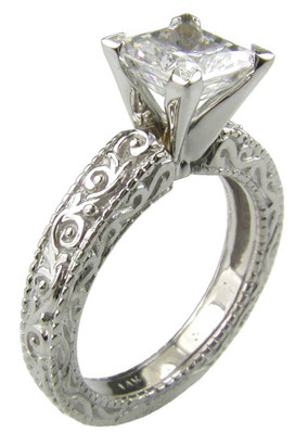 Deco engraved 1.5 carat round lab grown diamond simulant cubic zirconia engraved antique estate style solitaire in 14k white gold.