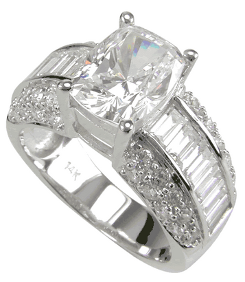 Elongated cushion cut 5.5 carat laboratory grown diamond simulant cubic zirconia pave and baguette ring in 14k gold.