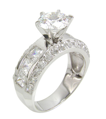 Round 1.5 Carat Channel Set Princess Cut Pave Engagement Ring with lab grown diamond look cubic zirconia in 14k white gold.