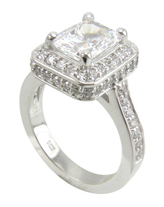 4 carat Elegant Emerald lab grown diamond look cubic zirconia halo pave cathedral solitaire engagement ring in 14k white gold.