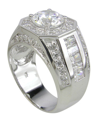 Grandeur Round, Pave and Emerald Cut Channel Set Men's Ring with lab grown diamond quality cubic zirconia in 14k white gold.