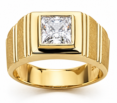 Geometrics Princess Cut Bezel Set Mens Ring with lab grown diamond simulant cubic zirconia in 14k yellow gold.