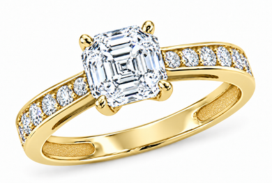 Asscher Petite 2.5 carat 8mm lab grown diamond simulant cubic zirconia pave solitaire engagement ring in 14k yellow gold.