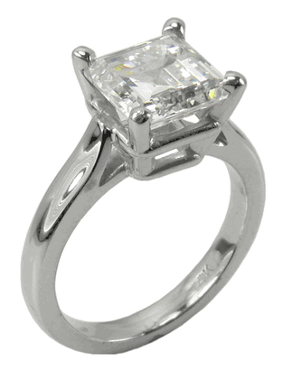 Sex and the City Inspiration 4 Carat Step Cut Square Lab Grown Diamond Alternative Cubic Zirconia Engagement Ring in platinum.