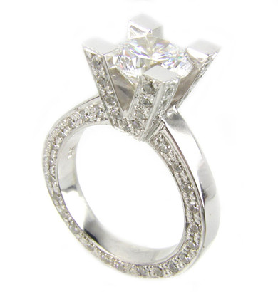 Empire 2 carat round lab grown diamond simulant cubic zirconia pave engagement ring in 14k white gold.