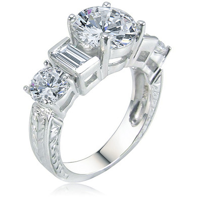 Geo 2 carat round and emerald cut lab grown diamond look cubic zirconia antique estate engraved engagement ring in 14k white gold.