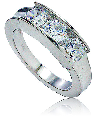 Three stone round lab grown diamond alternative cubic zirconia channel set anniversary band in 14k white gold.