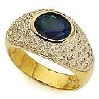 Bezel set 1.5 carat oval lab grown diamond simulant cubic zirconia sapphire gemstone in 14k yellow gold.
