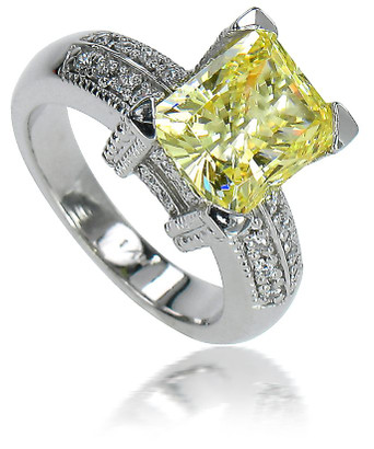 Emerald Radiant Cut Canary Engagement Ring with lab grown diamond alternative cubic zirconia in 14k white gold.