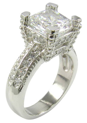 Decadence 2.5 carat cushion cut lab grown diamond alternative cubic zirconia pave engagement ring in 14k white gold.