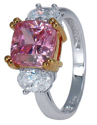 Pink 2.5 carat cushion cut lab created cubic zirconia with ovals in 14k white gold.