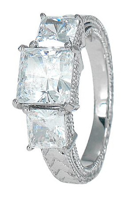 Heartfield 1.5 carat princess cut lab created cubic zirconia three stone ring in 14k white gold.