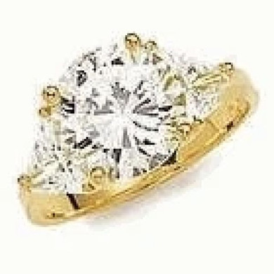 Round 2 carat with trillions lab grown diamond simulant cubic zirconia three stone ring in 14k yellow gold.