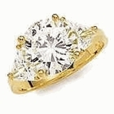 Round 2 carat with trillions lab grown diamond simulant cubic zirconia three stone ring in 14k yellow gold.