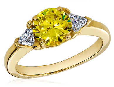 Round 1.5 carat canary with trillions lab grown diamond alternative cubic zirconia three stone ring in 14k yellow gold.