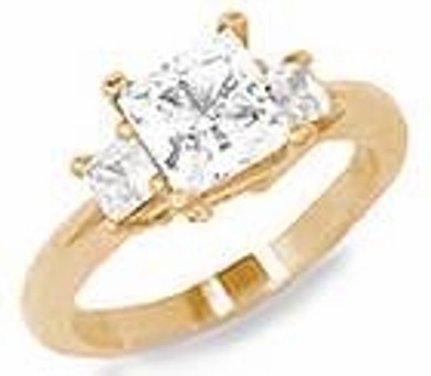 Princess cut three stone lab created diamond alternative cubic zirconia anniversary engagement ring in 14k yellow gold.