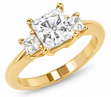 Three Stone 1 Carat Princess Cut Engagement Ring with lab grown simulated diamond quality cubic zirconia in 14k yellow gold.