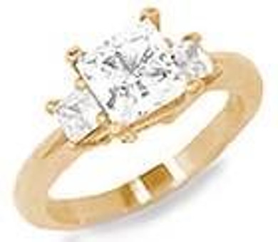 Three Stone 1 Carat Princess Cut Engagement Ring with lab grown simulated diamond quality cubic zirconia in 14k yellow gold.