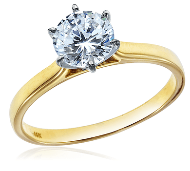 Round 1 carat lab grown diamond look cubic zirconia petite cathedral classic solitaire engagement ring in 14k yellow gold.