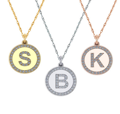 Capital letter round pave lab created cubic zirconia halo disc pendants in 14k gold.