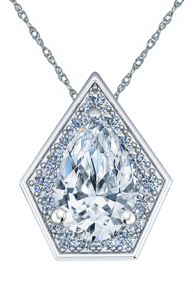 Marvela 2 Carat Pear Pentagon Shaped Halo Pendant with lab grown diamond simulant cubic zirconia in 14k white gold.