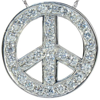 Sliding Peace Sign Pave Set Round Pendant with lab grown diamond look cubic zirconia in 14k white gold.