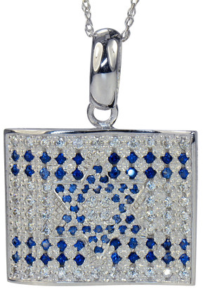 Israeli Flag Man Made Sapphire and Pave Set Round Pendant with lab grown diamond look cubic zirconia in 14k white gold.