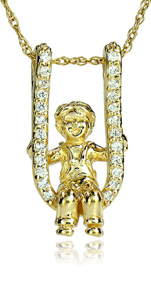 Baby Boy Toddler On Swing Pave Charm Pendant with lab grown diamond simulant cubic zirconia in 14k yellow gold.