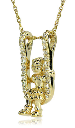 Baby Girl Toddler On Swing Pave Charm Pendant with lab grown diamond look cubic zirconia in 14k yellow gold.
