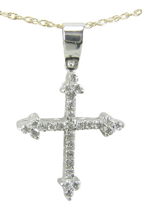 Fleuri Cross Pendant with pave set round lab grown diamond simulant cubic zirconia in 14k white gold.