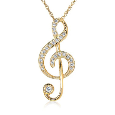 Treble Clef Music Note Pendant with pave set round lab grown diamond look cubic zirconia in 14k yellow gold.