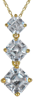 Ashlyn Three Stone Graduated Asscher Cut Inspired Anniversary Pendant with lab grown diamond simulant cubic zirconia set in 14k yellow gold.
