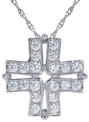 Evangeline Prong Set Round Cross Pendant with lab grown diamond simulant cubic zirconia in 14k white gold.