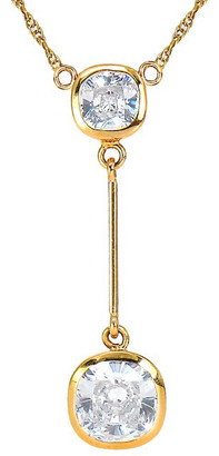 2.5 Carat Bezel Set Cushion Cut Lariat Drop Necklace with laboratory grown diamond look cubic zirconia in 14k yellow gold.