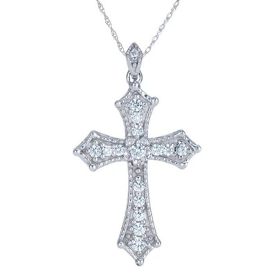 Dimitra Engraved Milgrain Round Cross Pendant with lab grown diamond look cubic zirconia in 14k white gold.