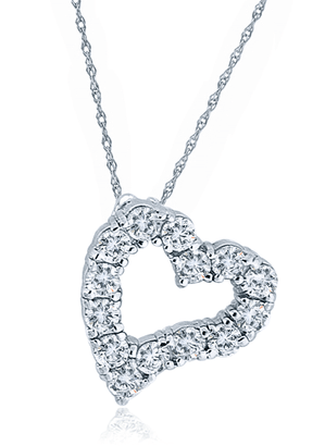 Abstract Heart Pendant with shared prong set round simulated laboratory grown diamond alternative cubic zirconia in 14k white gold.