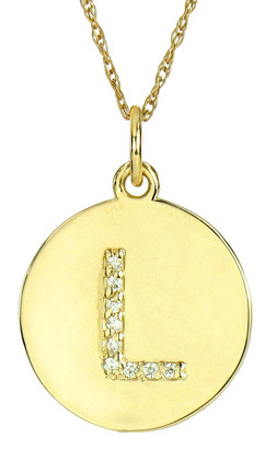 Vanity Tag lab grown diamond look cubic zirconia initial monogram circular disc pendant in 14k yellow gold.