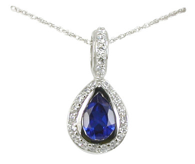 Jourdain Pear Pendant with man made blue sapphire gemstone lab created diamond alternative cubic zirconia in 14k white gold.