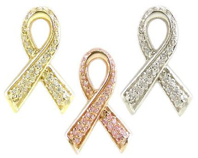 Petite Awareness Ribbon Pave Set Diamond Look Pendant with simulated laboratory created diamond alternative cubic zirconia in 14k gold.