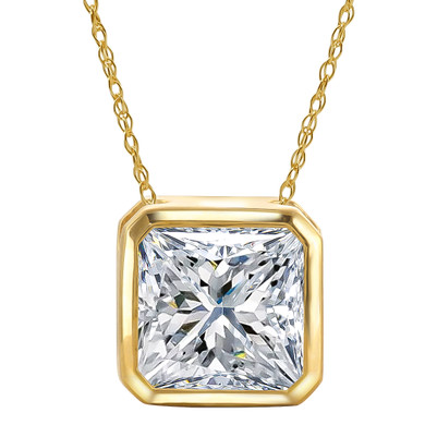 Octamond 2.5 carat lab created diamond look cubic zirconia bezel set octagonal solitaire pendant in 14k yellow gold.