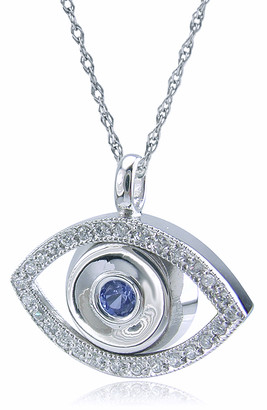Athenas Evil Eye Pendant with lab grown diamond look cubic zirconia pave set rounds and a man made sapphire gemstone in 14k white gold.