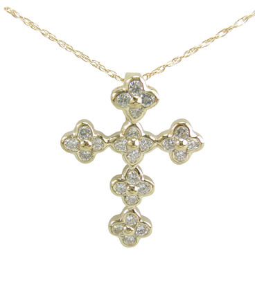 Flora Flower Cross Pendant with round lab grown diamond quality cubic zirconia in 14k yellow gold.